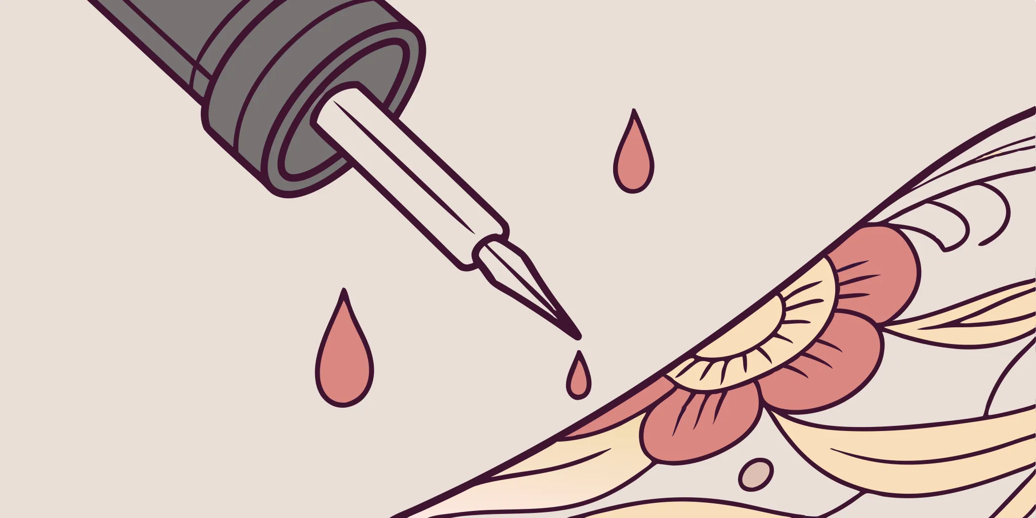 Tattoo needle with ink drops near a floral tattoo.