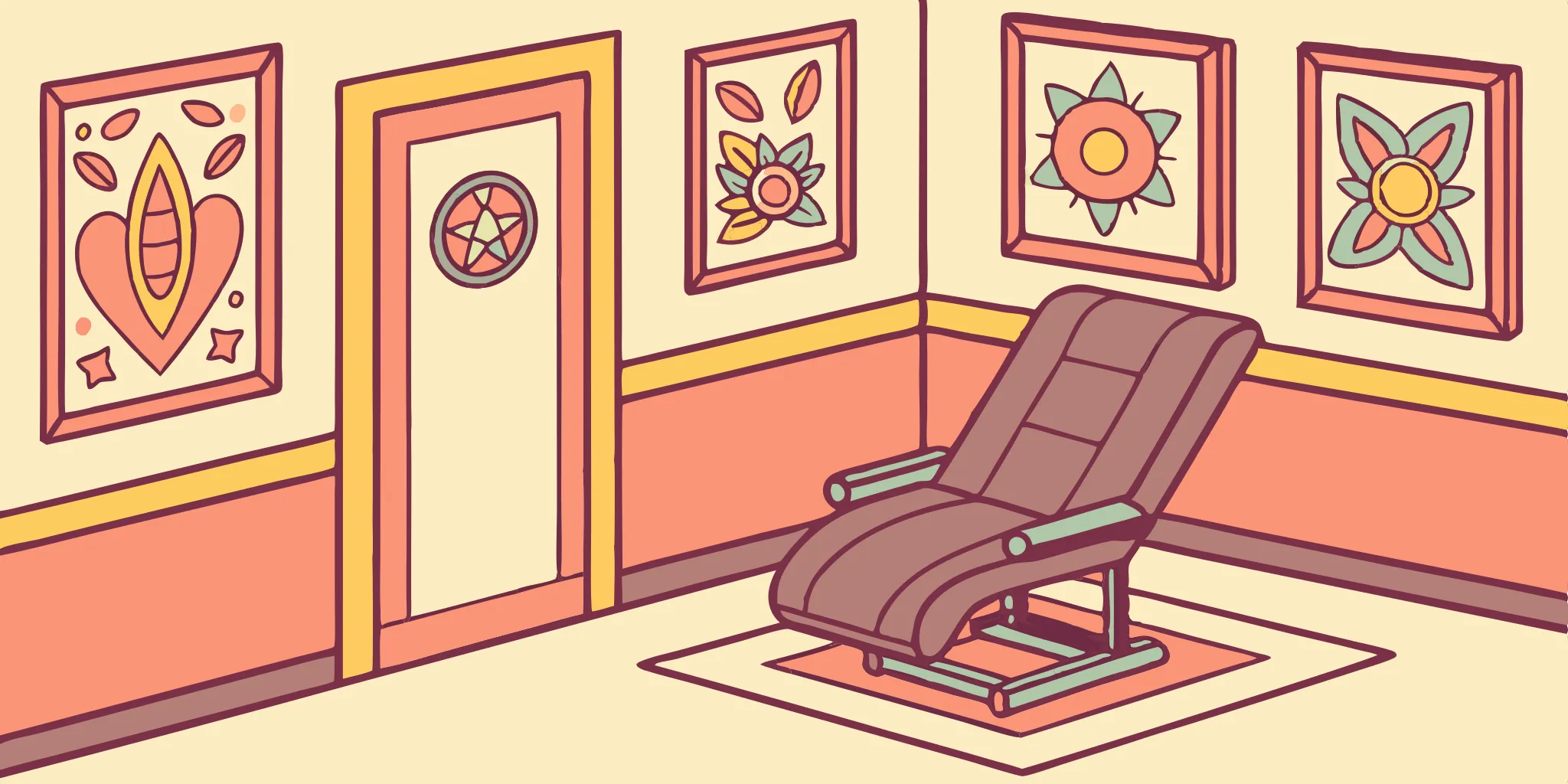 Greenpoint flash tattoo design on wall above tattoo chair.