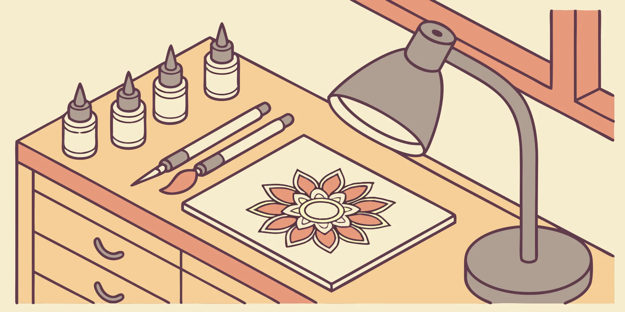 Walk-in tattoo setup with design, ink, and brushes.